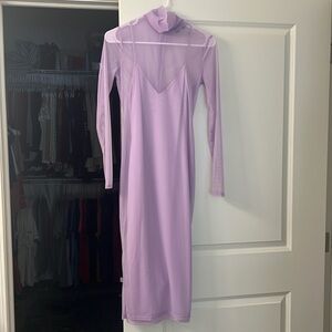 Purple lulus mesh overlay midi dress